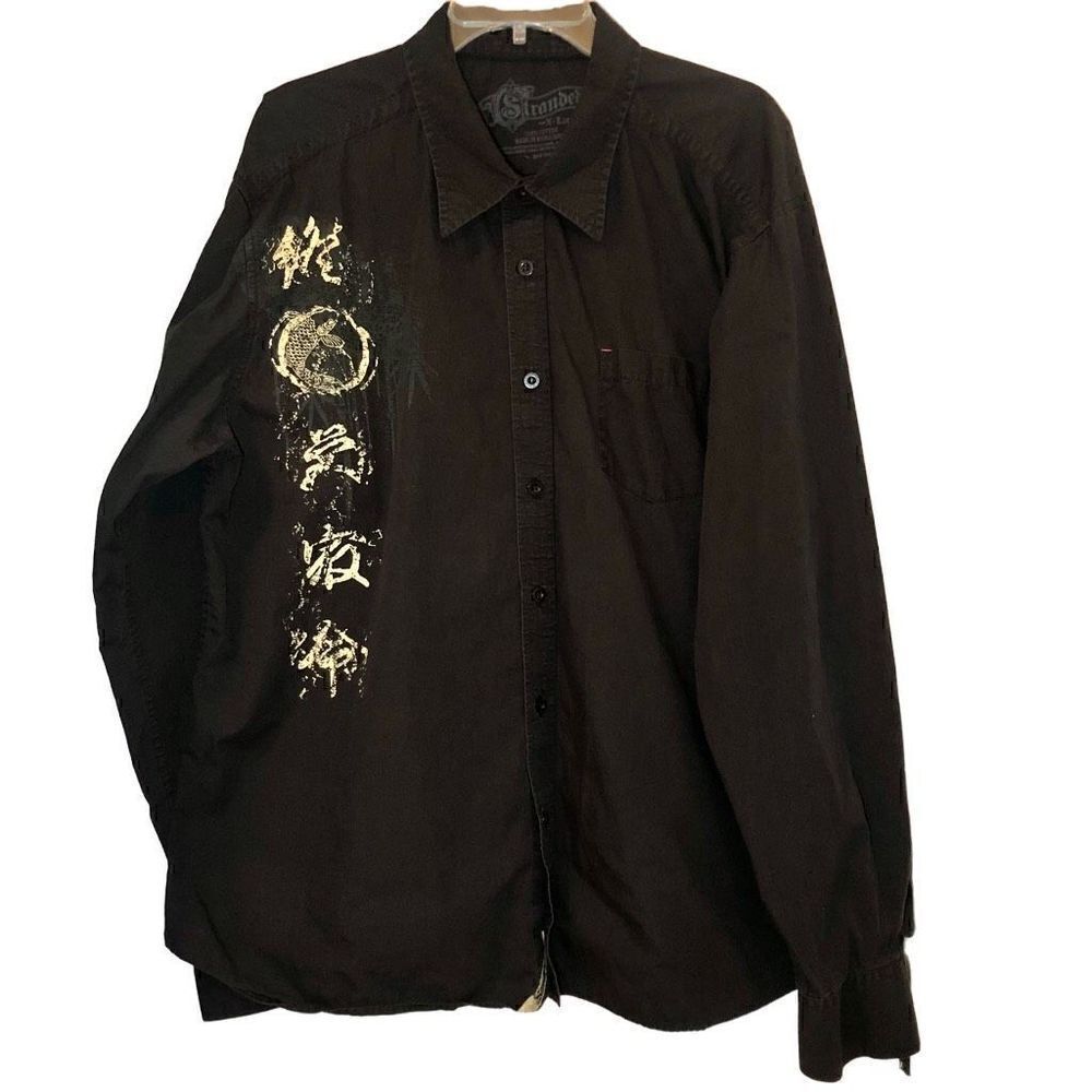 Stranded Button Down Shirt with Asian Style Graphics in Black/Cream/Grey Men’s X